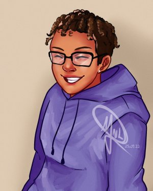 drawing of a person in a blue hoodie